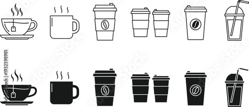 Minimalist beverage and snack icon set featuring coffee tea cocktails milk juice beer and sweets in black and white vector style
