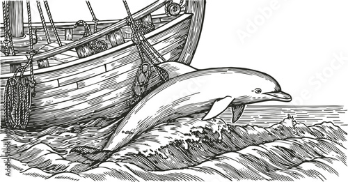 Dolphin jumping from ocean waves near wooden sailing boat sketch illustration