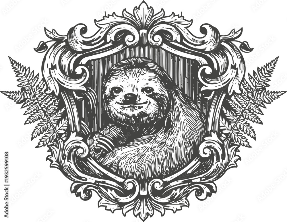Fototapeta premium Ornate vintage frame with detailed sloth illustration surrounded by fern leaves engraving