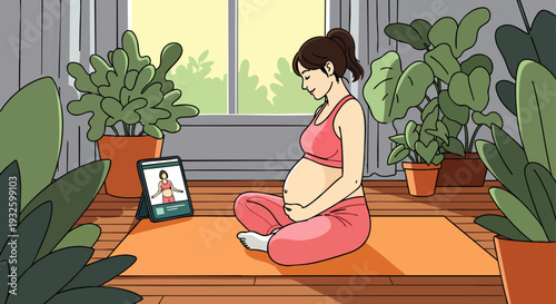 Pregnant woman doing yoga at home, watching online class on tablet, surrounded by plants
