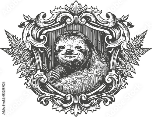 Ornate vintage frame with detailed sloth illustration surrounded by fern leaves engraving