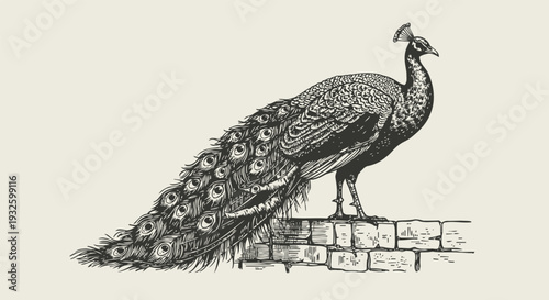 Detailed black and white peacock illustration perched on a textured stone wall, ornamental bird drawing