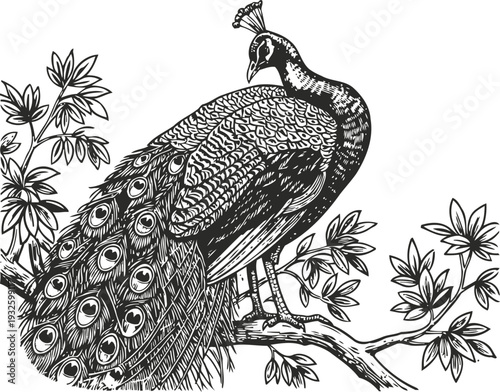 Elegant peacock perched on tree branch surrounded by leaves detailed line art drawing