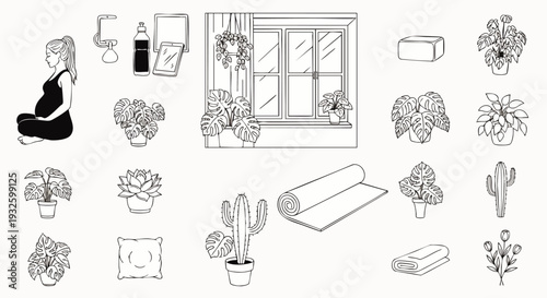 Collection of line art illustrations representing pregnancy, yoga, and home decor with plants and wellness items.
