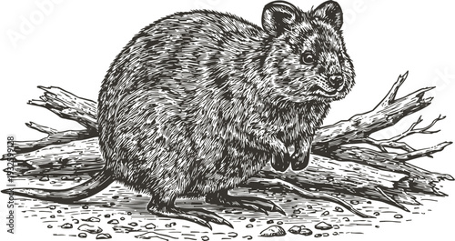 Detailed black and white illustration of a quokka standing on rocky ground with tree branches