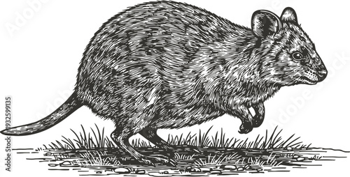 Detailed black and white illustration of a quokka standing on grass, wildlife sketch, hand drawn animal art