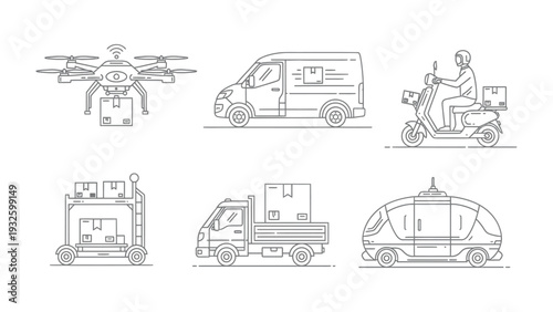Delivering Tomorrow: A minimalist depiction of diverse transport methods: drones, vans, scooters, automated carts, trucks, and futuristic pods, all geared towards efficient package delivery. 