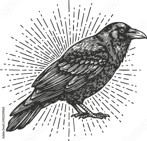 Vintage black raven illustration with engraved details and radiant lines background