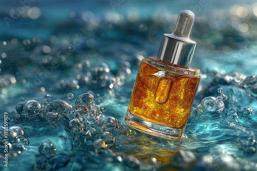 Wallpaper Mural Amber glass serum bottle in clean aquatic setting. Generative AI Torontodigital.ca