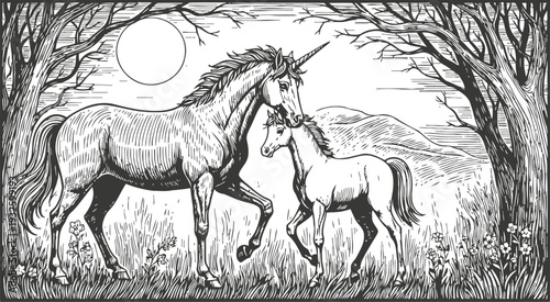 Black and white detailed illustration of a unicorn and foal standing in a meadow under the full moon