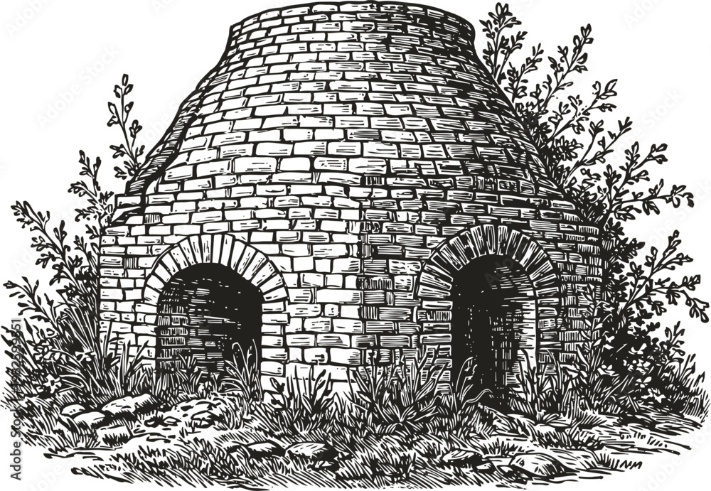 Fototapeta premium Old brick kiln with two arches surrounded by grass and bushes historic stone furnace outdoor structure