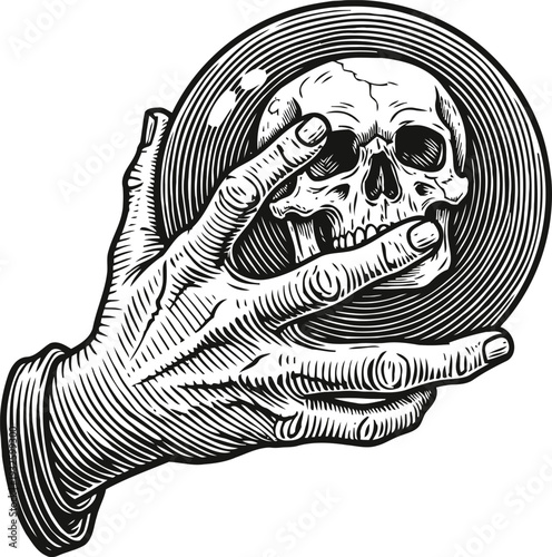Hand holding skull inside a circular frame, monochrome detailed vintage engraving illustration