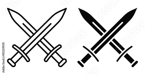 Two Classic Swords Icon Set in Black and White Outline Style