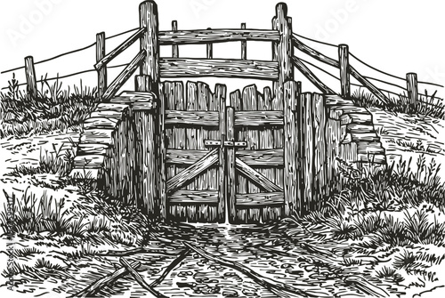 Old wooden floodgate with rustic fencing on countryside riverbank vintage dam and water control barrier illustration