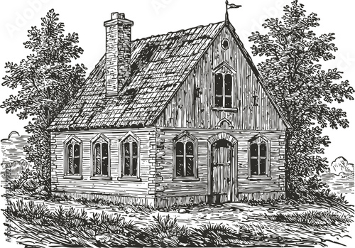 Vintage wooden house with chimney and pointed roof in rural setting, surrounded by trees and grass