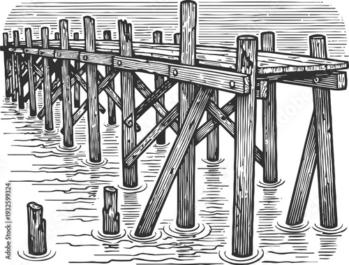 Wooden pier structure over water, vintage hand drawn illustration of old dock with wooden beams