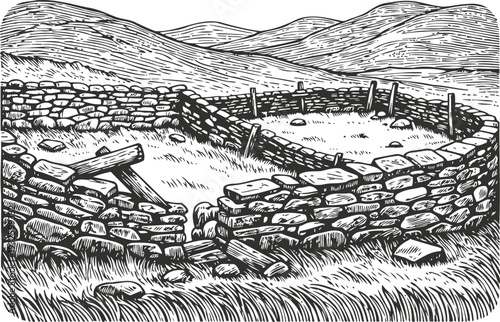Ancient stone animal pen in grassy field with distant hills and wooden fence posts