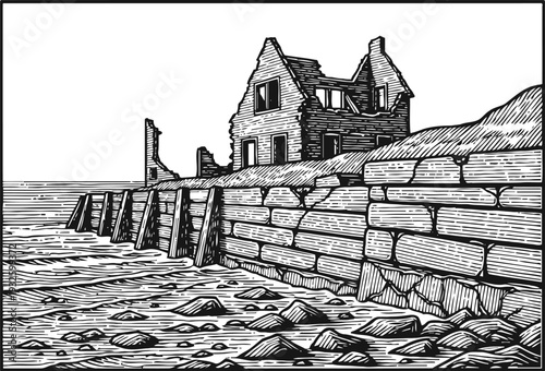 Old seaside house ruins with stone pier and rocky shore in vintage ink drawing