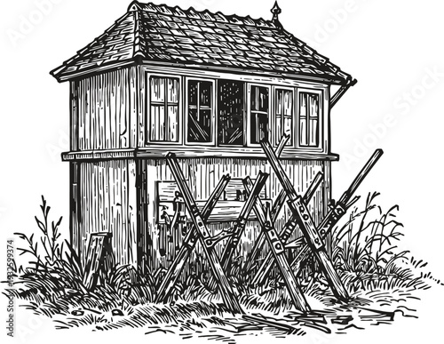 Old wooden hunting blind cabin with crossed rifles and grassy surroundings engraving illustration