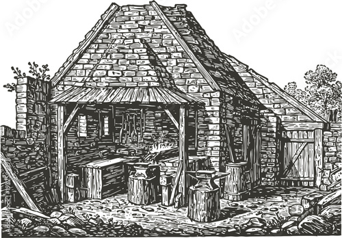Vintage blacksmith workshop exterior with stone walls and wooden roof in countryside setting