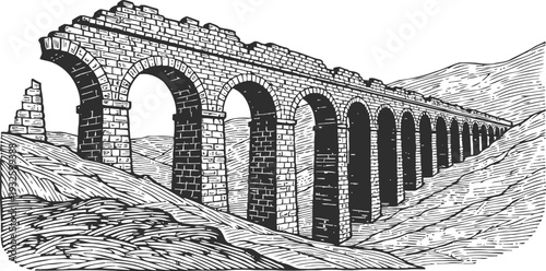 Ancient stone aqueduct with multiple arches crossing rugged landscape historical architecture and engineering monument
