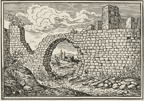 Ancient stone wall ruins with circular arch opening and scattered debris under cloudy sky