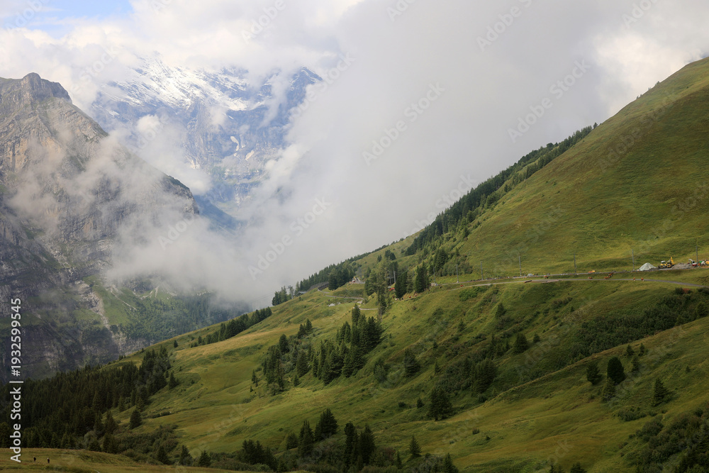 Fototapeta premium Beautiful Alpine scenery on the train ride to Small Scheidegg, Switzerland