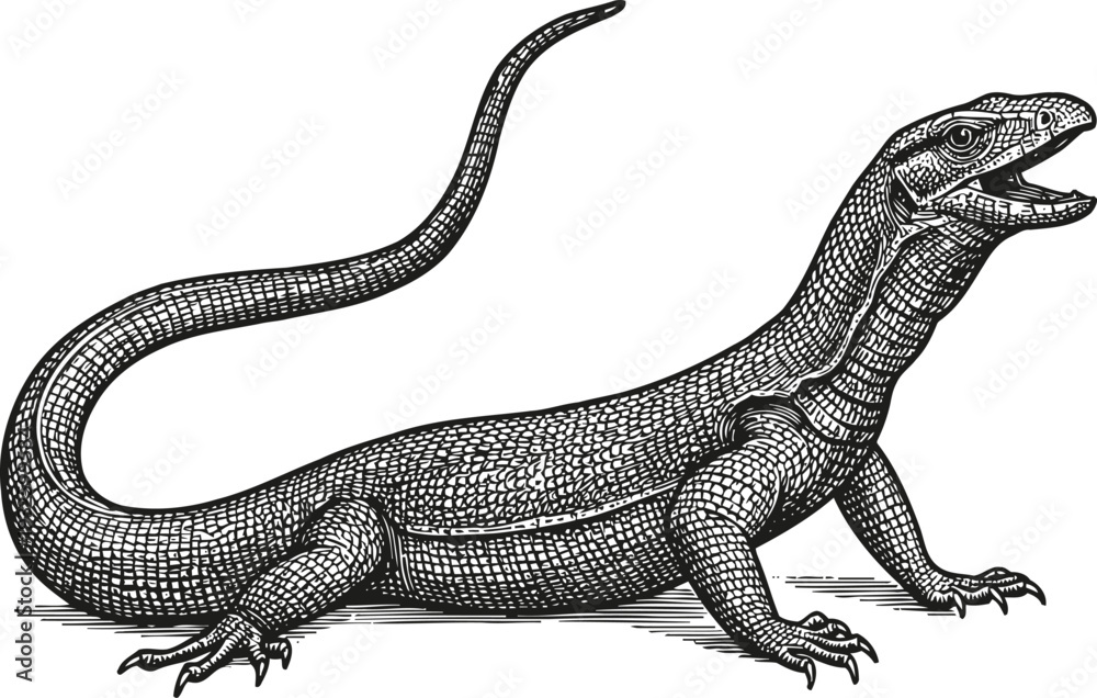 Fototapeta premium Detailed vintage illustration of a monitor lizard with textured scales and long tail