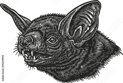 Detailed black and white illustration of a bat head showing sharp teeth and large ears in engraving