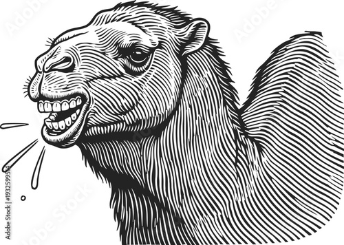 Detailed black and white camel head illustration showing camel spitting with textured line art