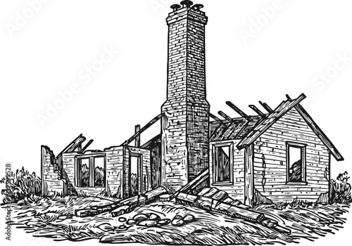 Abandoned wooden house ruins with broken roof and tall chimney in rural overgrown field