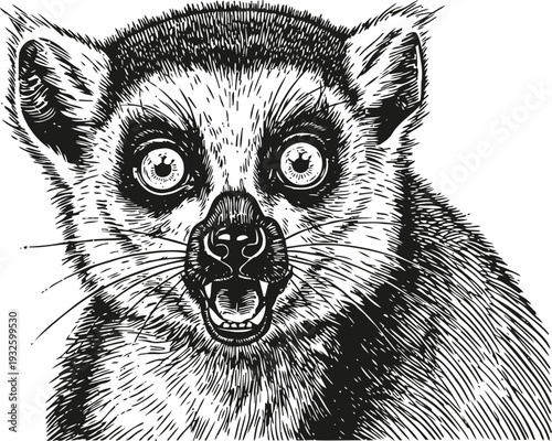 Detailed lemur face close up drawing with wide open eyes and alert expression