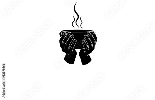 Warm Hands Holding Steaming Bowl Silhouette, Cozy Hygge Lifestyle Vector Sticker, Sensory Wellness and Comfort Illustration