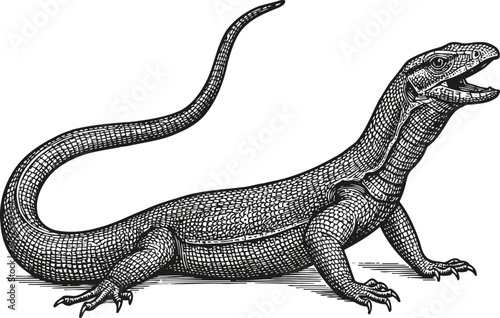 Detailed vintage illustration of a monitor lizard with textured scales and long tail