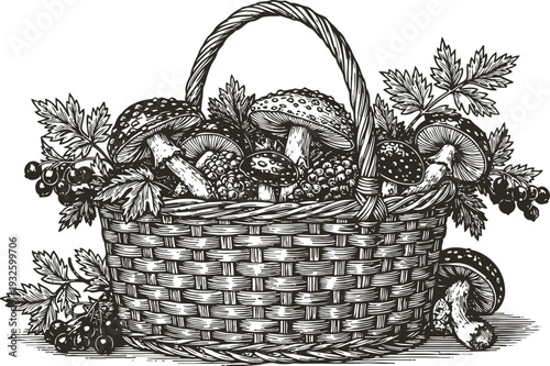 Basket of wild mushrooms with leaves and berries detailed black and white illustration