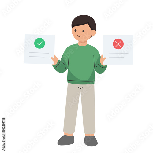 Minimal vector illustration of man comparing two options with check and cross symbols decision making concept.