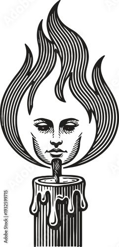 Surreal black and white illustration of a human face emerging from candle flame with melting wax design