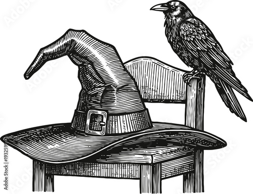 Witch hat on chair with raven sitting on backrest halloween spooky dark magic theme