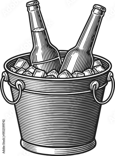 Ice filled bucket with two chilled beer bottles, vintage engraved alcohol beverage container illustration