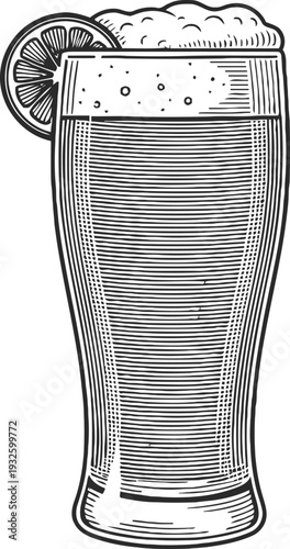 Tall glass of foamy beer with lemon slice garnish, refreshing drink illustration