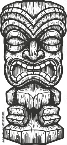 Traditional tiki statue with angry face and clenched fists, polynesian tribal wooden sculpture engraving