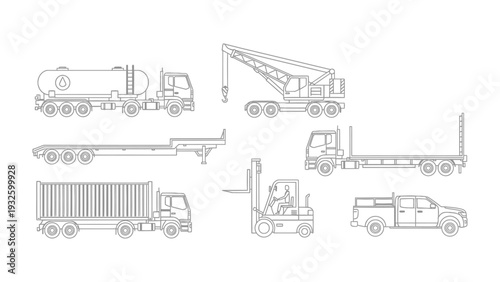 Assortment of Transportation Vehicles: A monochrome illustration showcases a variety of transport vehicles, each designed for specific purposes in industry.
