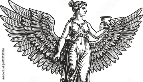 Winged goddess figure holding a chalice, classical mythology engraving illustration