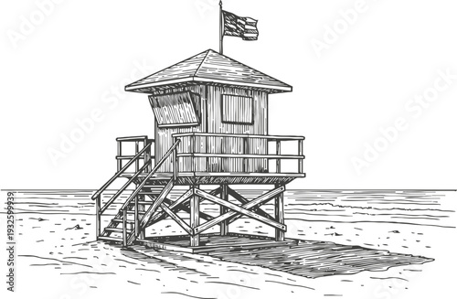 Lifeguard tower on beach with american flag, wooden structure, ocean shore, summer safety lookout