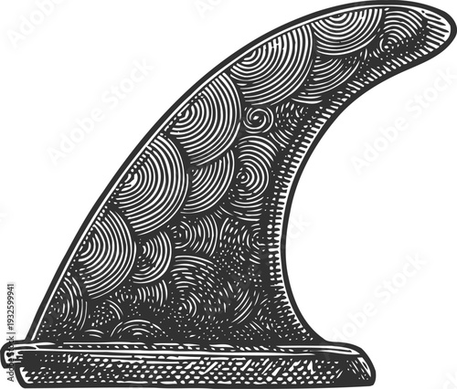 Intricate vintage surfboard fin illustration with detailed swirl and wave patterns in black and white