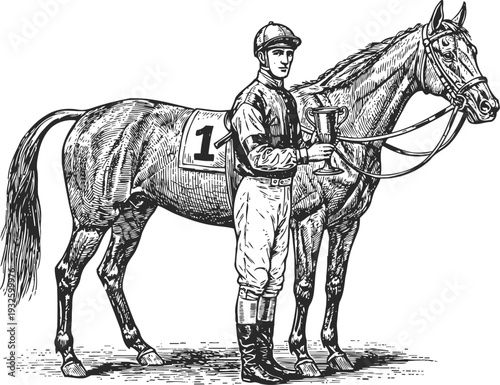Jockey holding trophy standing beside racehorse with number one saddlecloth detailed vintage illustration