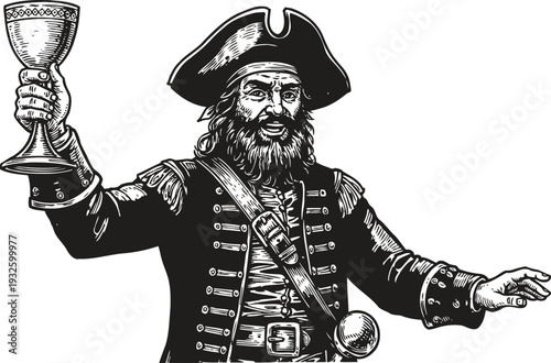 vintage pirate captain holding a goblet, classic maritime character with beard and tricorn hat