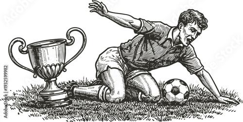 Vintage soccer player kneeling on grass with ball near trophy cup celebrating victory and achievement
