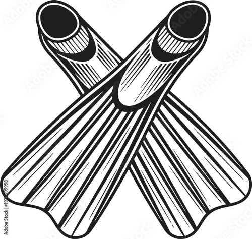 Pair of diving fins crossed scuba snorkeling equipment for swimming underwater, swimming gear illustration