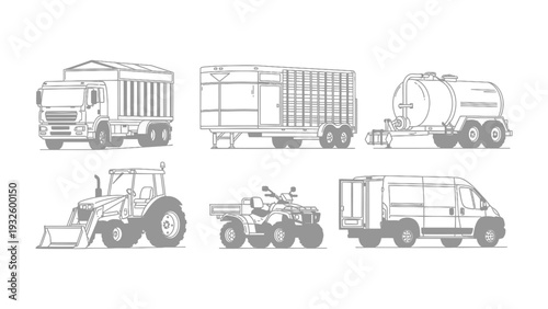 Agricultural Transportation Fleet: A comprehensive illustration of various agricultural transport vehicles, including a tractor, semi-truck, and trailers.